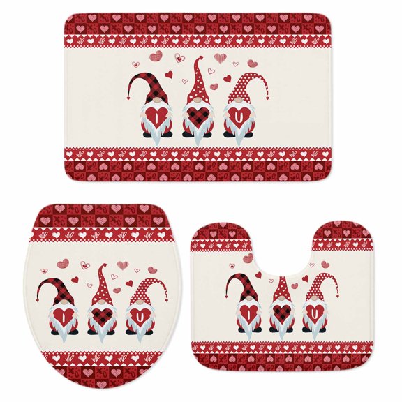 Valentine Gnomes Bath Mat 3 Piece Bathroom Rug Set, I Love U Red Buffalo Plaid Love Heart Non Slip Bath Rug Contour Mat and Toilet Lid Cover, Absorbent Shower Mats Soft Bath Rugs and Mats Sets