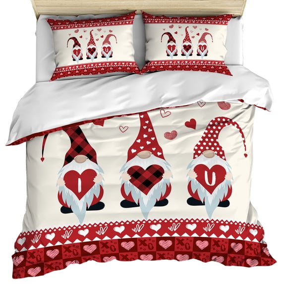 Valentine Gnomes Bedding 3 Piece Duvet Cover Set Full Size, I Love U Red Buffalo Plaid Love Heart Soft Microfiber Comforter Cover with Zipper Closure & Pillowcases, FadeResistant Quilt Cover