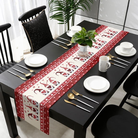 Valentine Gnomes Cotton Linen Small Table Runner 13 x 48 inch I Love U Red Buffalo Plaid Love Heart Non-slip Rectangular Dining Table Decor for Wedding Party Holiday Dinner