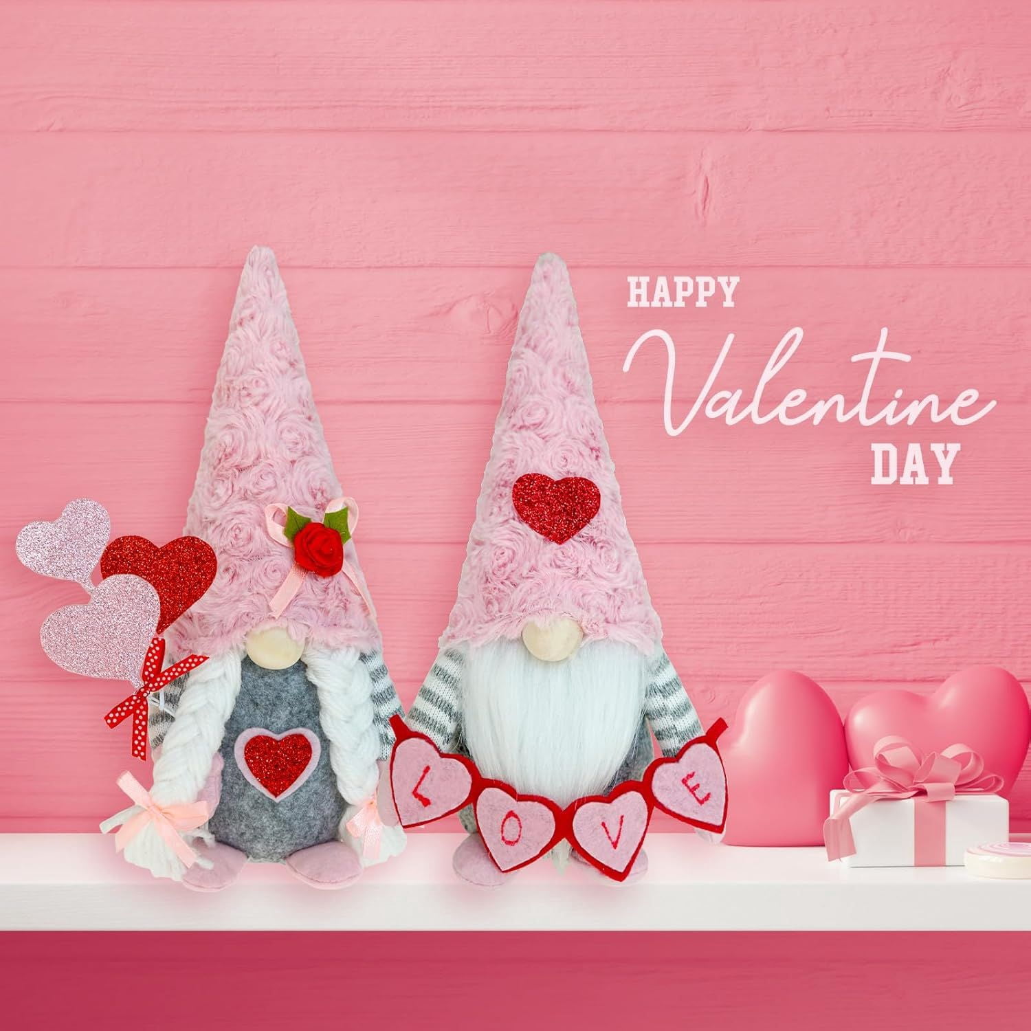 Valentine Gnomes Decorations for Home Valentines Day Tiered Tray Decor Pink Valentine Gnomes Plush Scandinavian Tomte Elf Holiday Gnomes Ornaments Valentines Day Gifts