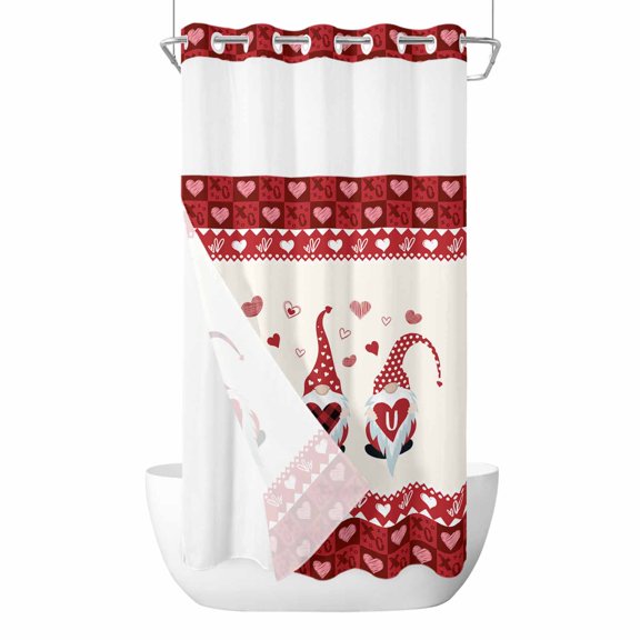 Valentine Gnomes No Hook Shower Curtain Waterproof,Bathroom Curtains with Snap in Liners and See Through Top Window,I Love U Red Buffalo Plaid Love Heart Hotel Style Bathtub Curtains Shower 36"Wx72"L