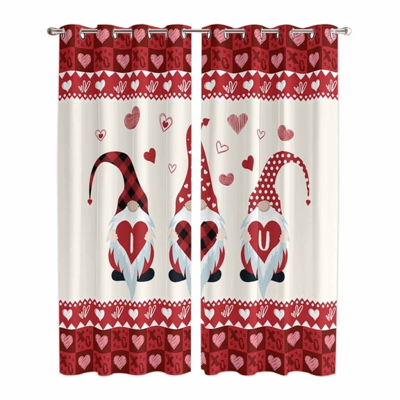 Valentine Gnomes Kitchen Curtains 96 Inch Length, I Love U Red Buffalo Plaid Love Heart Grommet Top Bedroom Living Room Curtains, Light Filtering Cafe Curtain Drapes 2 Panels Set 104''x96''