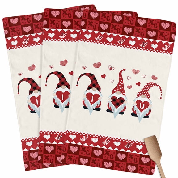Valentine Gnomes Kitchen Towel Dish Cloths Set of 3, Microfiber Soft Kitchen Hand Towels, I Love U Red Buffalo Plaid Love Heart Absorbent Quick Drying Dishcloths 18 x 28 Inches