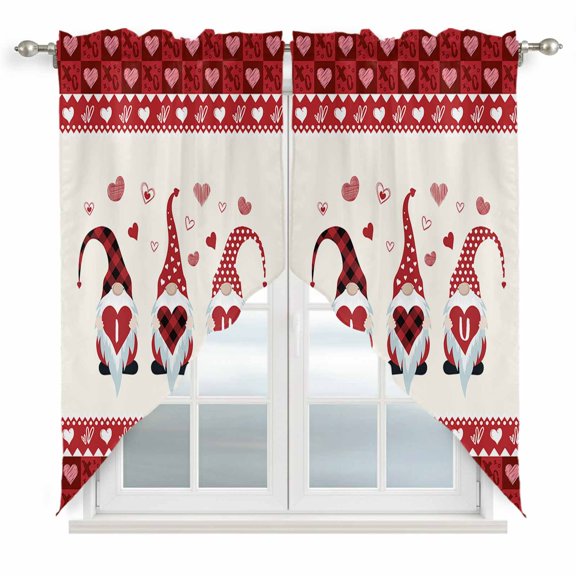 Valentine Gnomes Kitchen Window Curtains, Swag Curtains Valance for Bedroom Living Room Bathroom, I Love U Red Buffalo Plaid Love Heart Rod Pocket Window Curtain Block Drapes 2 Panels 28"x36"