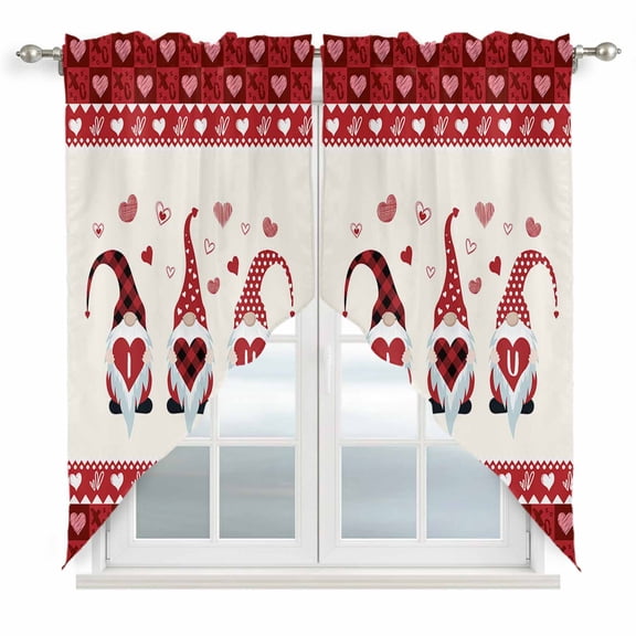 Valentine Gnomes Kitchen Window Curtains, Swag Curtains Valance for Bedroom Living Room Bathroom, I Love U Red Buffalo Plaid Love Heart Rod Pocket Window Curtain Block Drapes 2 Panels 36"x36"