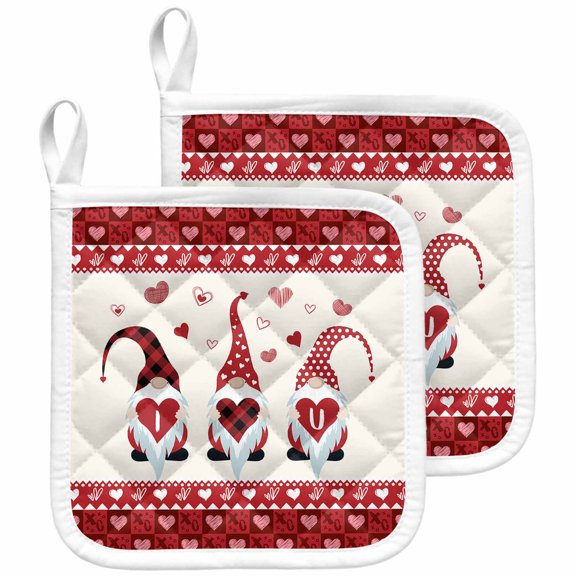 Valentine Gnomes Pot Holders for Kitchen Heatproof Potholder, 2 Pack I Love U Red Buffalo Plaid Love Heart Hot Pads Multipurpose Oven Pads Cloth Potholders Trivet for Cooking and Baking