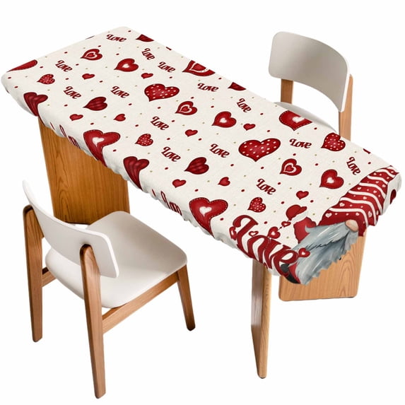 Valentine Gnomes Table Cloths for 8 Foot Rectangle Tables, Love Heart Red Rustic Patio Waterproof Elastic Fitted Tablecloths, Washable Rectangular Table Cover for Camping