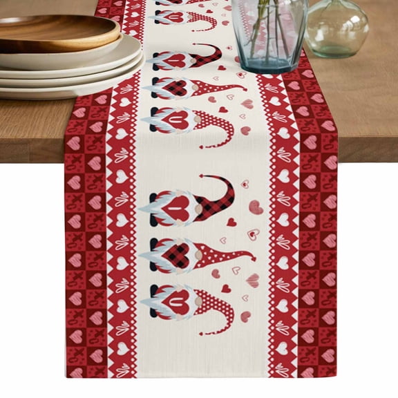 Valentine Gnomes Table Runner, I Love U Red Buffalo Plaid Love Heart Washable Cotton Linen Table Runners 48 Inches Long, Dresser Scarf Runner for Nightstand/Coffee/End Tables 13''x48''
