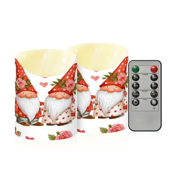 Valentine Gnomes in Love with Heart Roses Flickering Flameless Candles with Remote Timer Battery Operated LED Tealight Set of 2 S