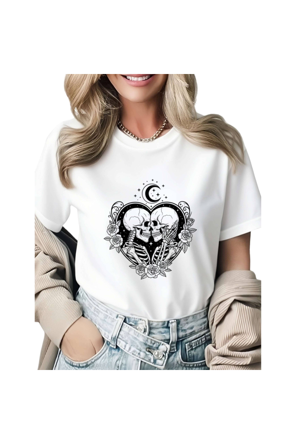 Valentine Gothic Skeleton Couple Graphic Tees Womans T-shirt Shirts Black White S-5XL Tops