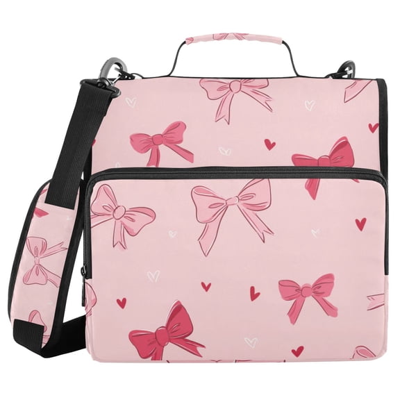 Valentine Hand Drawn Hearts Bows Binder Bag with Shoulder Strap 3 Ring Zipper Binder File Folder Document Storage