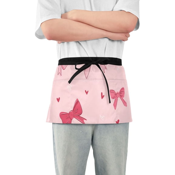 Valentine Hand Drawn Hearts Bows Short Server Apron with 3 Pockets for Unisex Chef Gardening