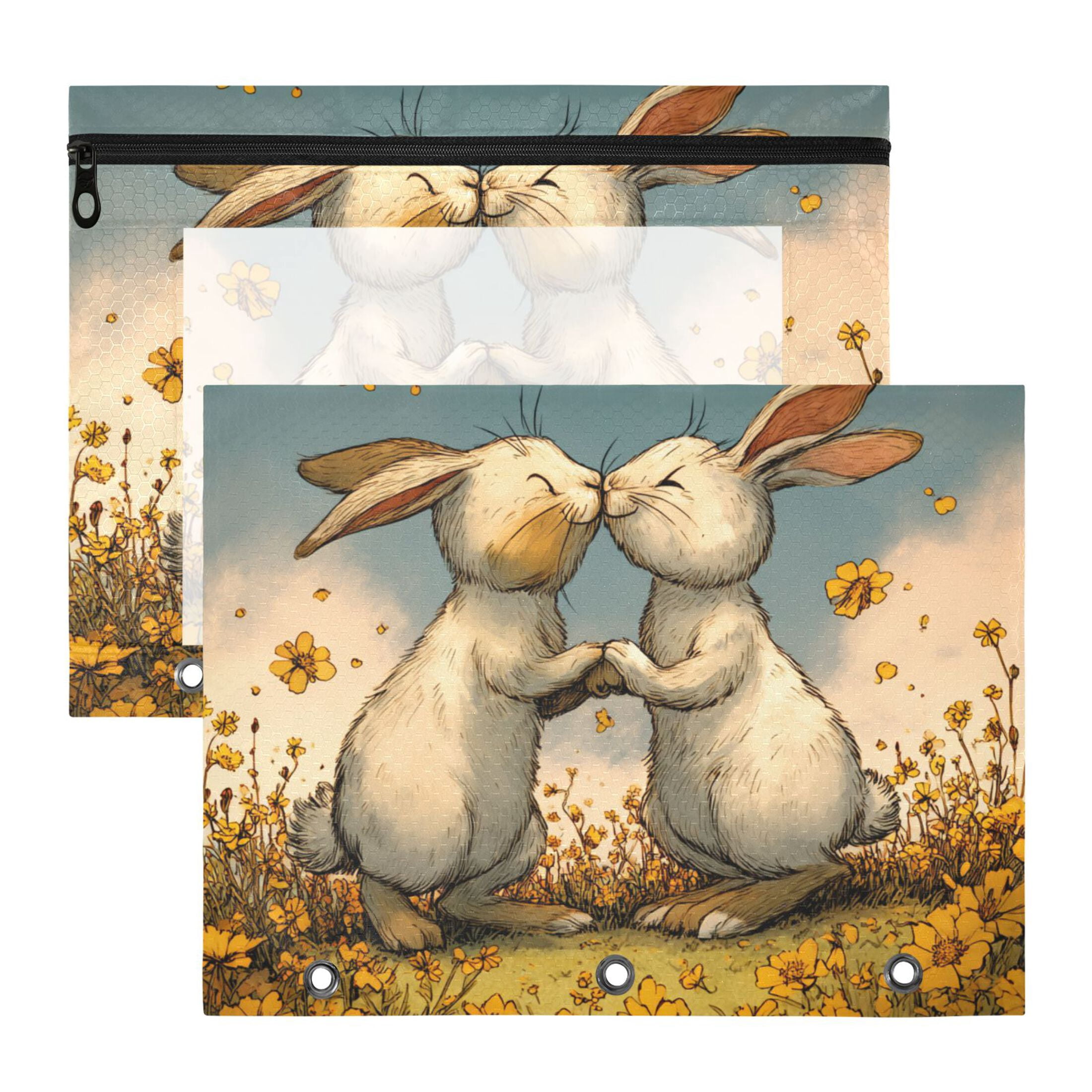 Valentine Happy Rabbits Kiss Flowers 3-Ring Binder Pocket with Zipper ...