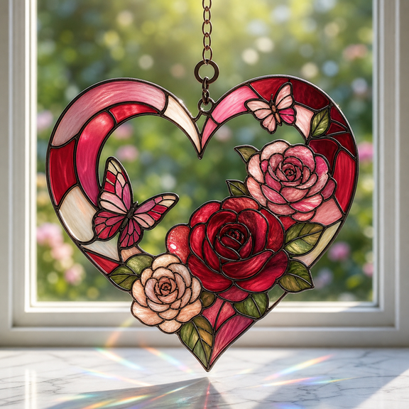 Valentine Heart Acrylic Suncatcher Window Hanging with Roses & Butterflies Gift