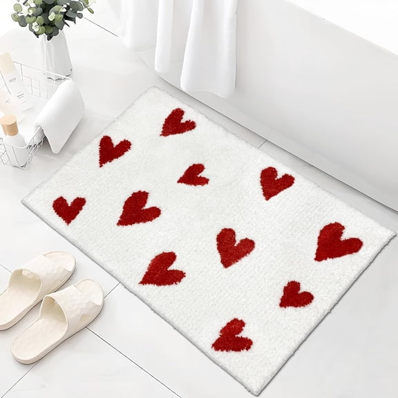 Valentine Heart Bath Mat for Bathroom Decor, Bathroom Rugs Non Slip Absorbent, Soft Funny Bath Rug, Washable, 20x30in, Red and White