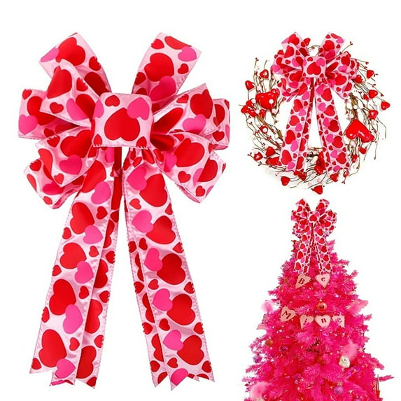 Valentine Heart Bow Tree Topper,Valentine Tree Topper Bow Heart Decorations,Large Red Pink Valentines Wreath Bow Decor for Mother's Day Wedding Holiday Party Wall Home Front Door Decorative