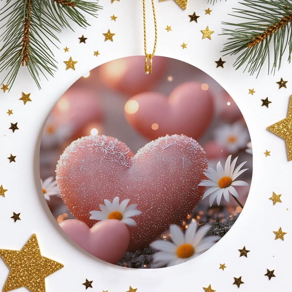 Valentine Heart Daisies Floral Ceramic Ornament Flat 2D Printed Round Romantic Decor Cute Gift For Her