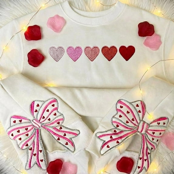 Valentine Heart Embroidered Embroidered Sweatshirt, Glitter Applique Crewneck, Valentine Side Bow Glitter Shirt, Valentine Gift