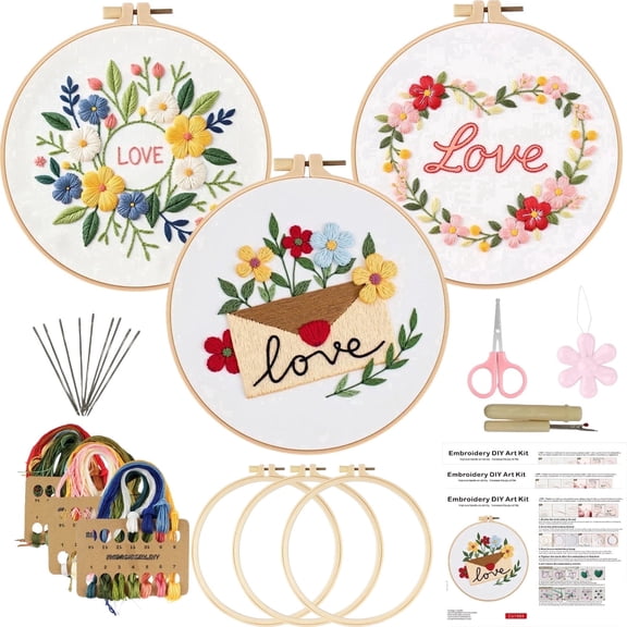 Beginner Embroidery Kit for Adults, Hand Embroidery Needlepoint Kit with 3 Patterns, 3 Hoops, Complete Threads Needles and Craft Tools, DIY Embroidery Kits for Art Decoration and Gifting