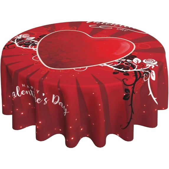 Valentine Heart Pattern Tablecloth 60 Inch Round Valentine''s Day Red Black Rose Tablecloths Washable Tablecloth for Party Holiday Kitchen Dining Room Indoor Outdoor Decoration