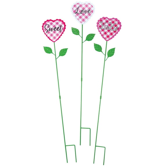 Valentine Heart Plant Stakes, Crafted With 100% Durable Metal, Sweet/Love/XOXO Designs, Outdoor Décor – Set of 3, Each Measures 6" Wide x 25" High, by Fox River Creations