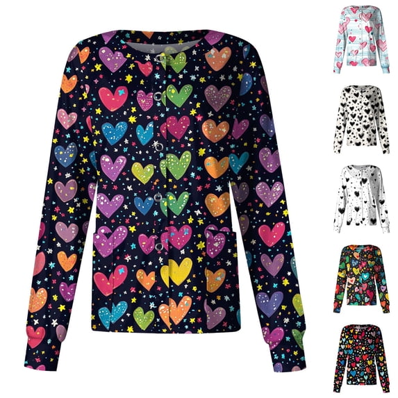 Valentine Heart Print Scrub Jackets for Women Long Sleeve Button Down Nursing Uniform Top Medical Workwear Front Patch Pockets