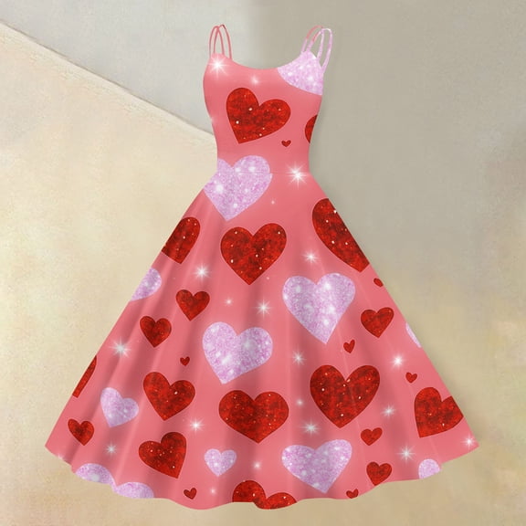 Valentine Heart Print Sleeveless Dress Women A Line Midi Party Dress for Romantic Date Night Valentine's Day Celebration Watermelon Red M