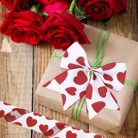 Valentine Heart Ribbon, White Background with Red Glitter Hearts Wired Ribbon for Gift Bows and Crafts, Decorative Trim for Romantic DIY Projects and Party Decorations