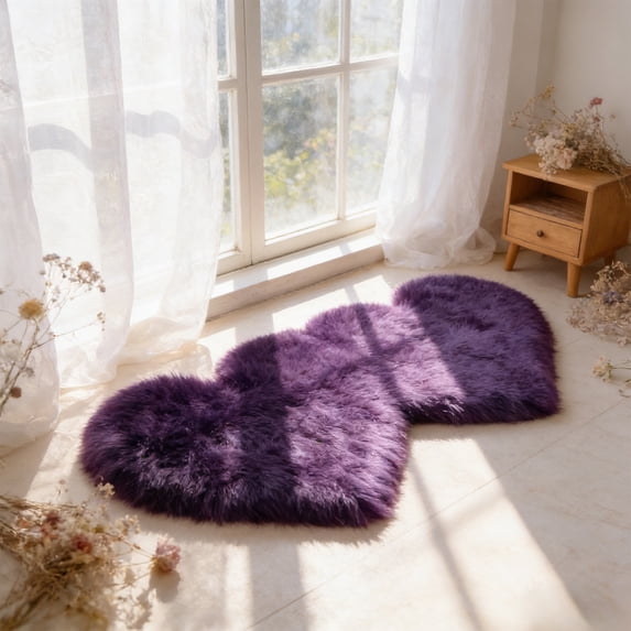 Valentine Heart Shaped Fluffy Non-Slip Rug - Washable Soft Plush Bedroom Living Room Rug Carpet, Festive Valentine Bedside Floor Mat for Home Bedroom Living Room Decor Use, 14*28in, Purple