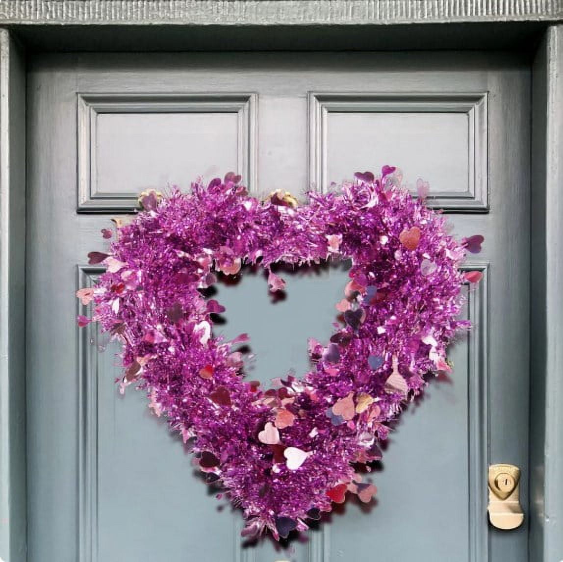 Valentine Heart Shaped Wreaths Purple Tinsel Heart Shaped Wreaths with Foil  Hearts Love Hanging for Valentine's Day Wedding Front Door Wall Window  Mantel Decor 