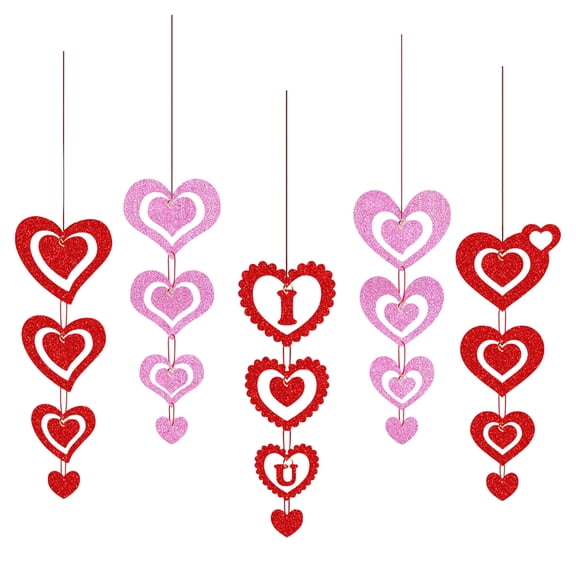 Valentine Heart Tassel Hanging Decor 5-String Pack Romantic Party Scene Props for Windows Trees and Backdrops