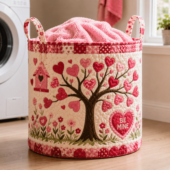 Valentine Heart Tree Patchwork Quilted Laundry Basket, Storage Bin for Laundry, Decorative Laundry Basket, Gift for Her