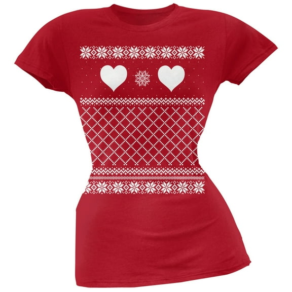 Valentine Heart Ugly Valentine Sweater Red Soft Juniors T-Shirt - Medium