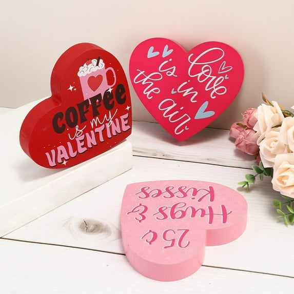 Valentine Heart Wooden Decor - Heart Shaped Wooden Ornament for Valentines Day Wedding Party Home Decor, Romantic Heart Decorative Figurine for Tabletop Shelf Mantel Holiday Gift, 1*6*6in, D