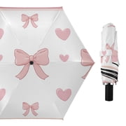 Valentine Hearts Bows Stripes All Weather Umbrella Triple Folding Parasol 6 Ribs UV Protection Portable