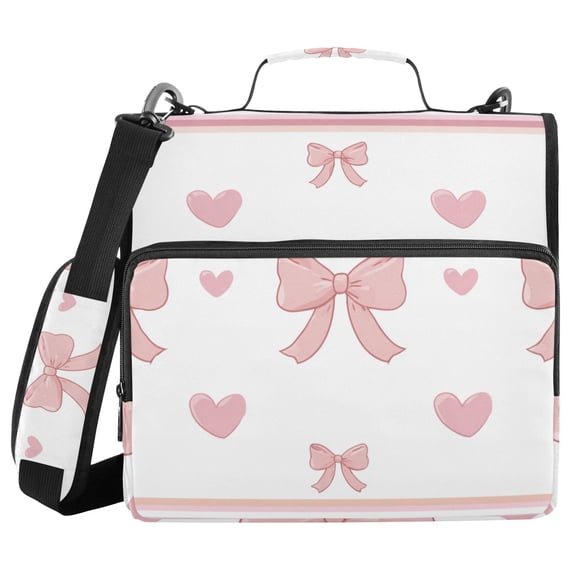 Valentine Hearts Bows Stripes Binder Bag with Shoulder Strap 3 Ring Zipper Binder File Folder Document Storage