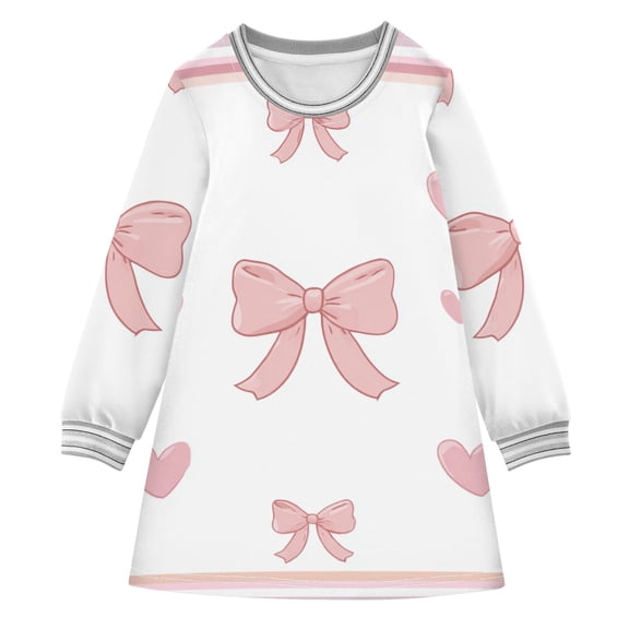 Valentine Hearts Bows Stripes Long-sleeved Dress A-line One-Piece Dress for 2-8 Years Casual Party 7-8Y
