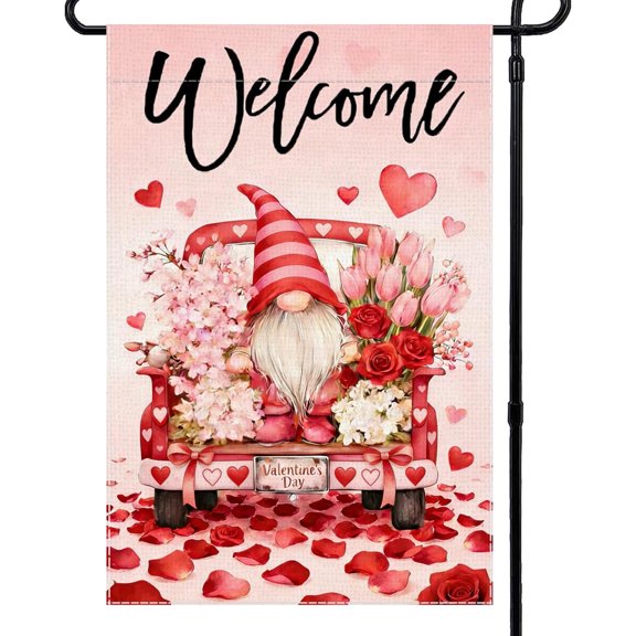 Valentine Hearts Garden Flag Gnome Welcome Small Double Sided Burlap Yard Banner 12x18 Inch for Outdoor Lawn Front Porch Decor