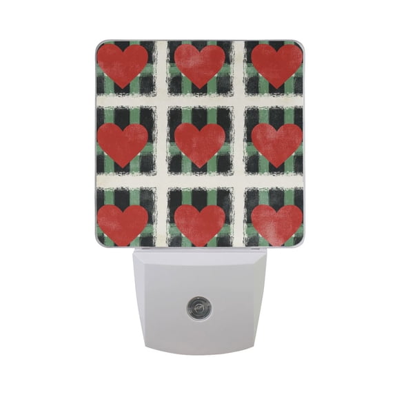 Valentine Hearts Green-black Plaid LED Night Light with Smart Sensor Plug Into Wall Dusk to Dawn 2 packs