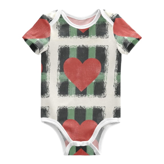 Valentine Hearts Green-black Plaid Pure Cotton Bodysuit Short Sleeve Pajamas One-Piece Romper Unisex 3 Months