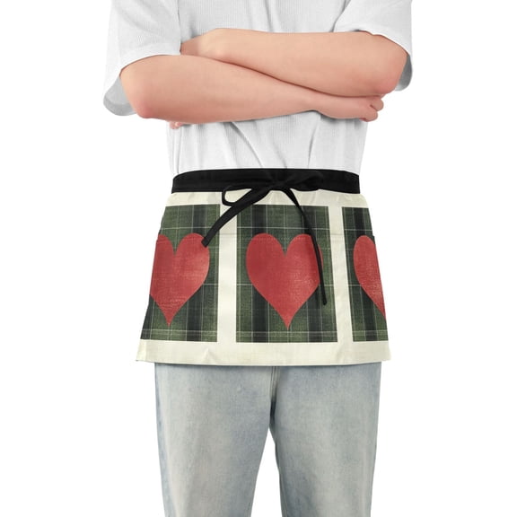 Green Plaid Hearts Valentine Short Server Apron with 3 Pockets for Unisex Chef Gardening