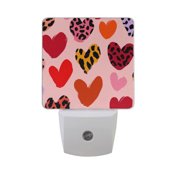 Valentine Hearts with Leopard Print LED Night Light Sensor Lamp Plug-in Adjustable Brightness 2 Pack