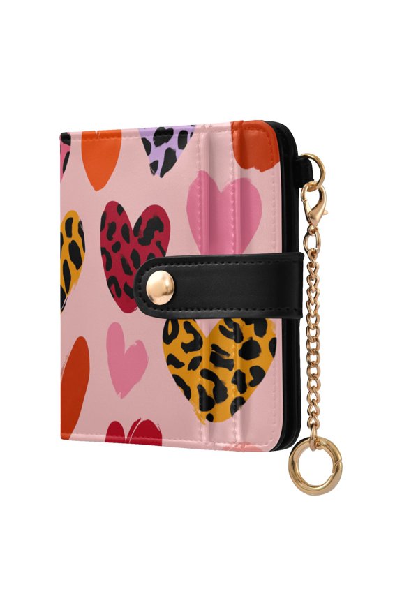 Valentine Hearts with Leopard Print Women's Wallet PU Leather Card Cases RFID Blocking Purse Billfold with Key Ring