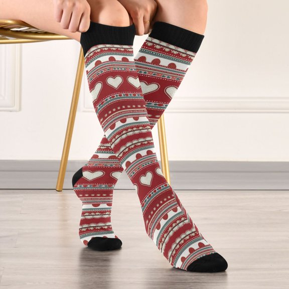 Valentine Hearts with Stripes Red Background Compression Stockings Knee High Socks Unisex 1 Pair