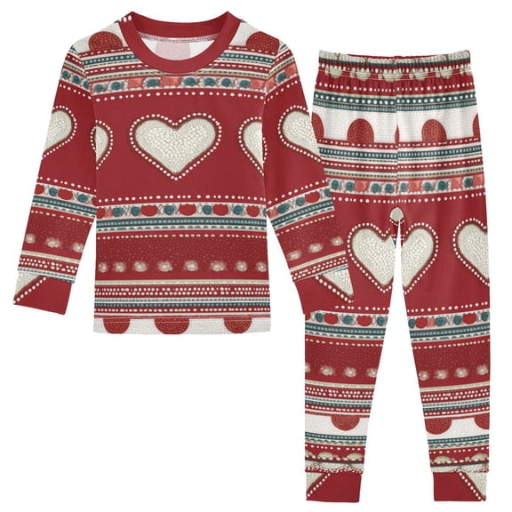 Valentine Hearts with Stripes Red Background Cotton Pajama Set Long Sleeve Top and Pants Sleepwear Unisex 6Y