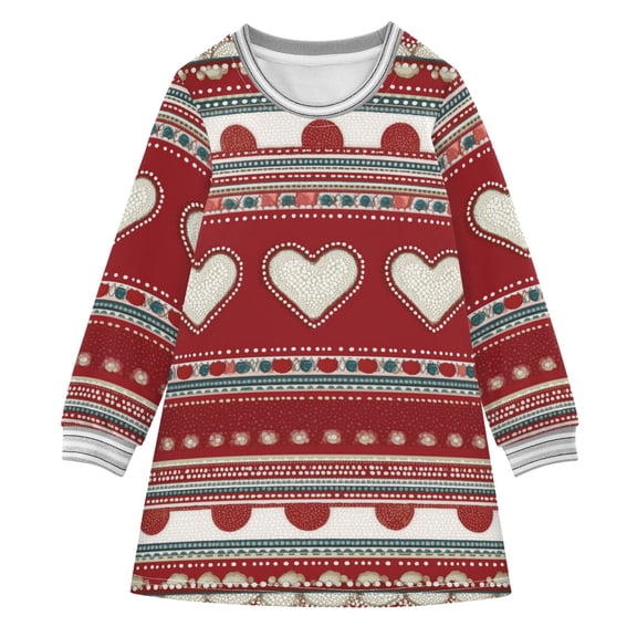 Valentine Hearts with Stripes Red Background Long-sleeved Dress A-line One-Piece Dress for 2-8 Years Casual Party 7-8Y