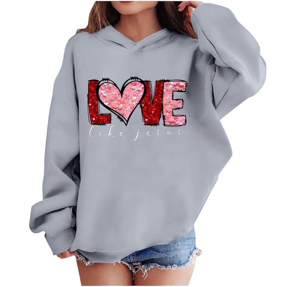 Valentine Hooded Sweatshirts For Kids Long Sleeve Print Pullover Tops Holiday Casual Loose Stylish Hoodies (11 Years, Gray-I)
