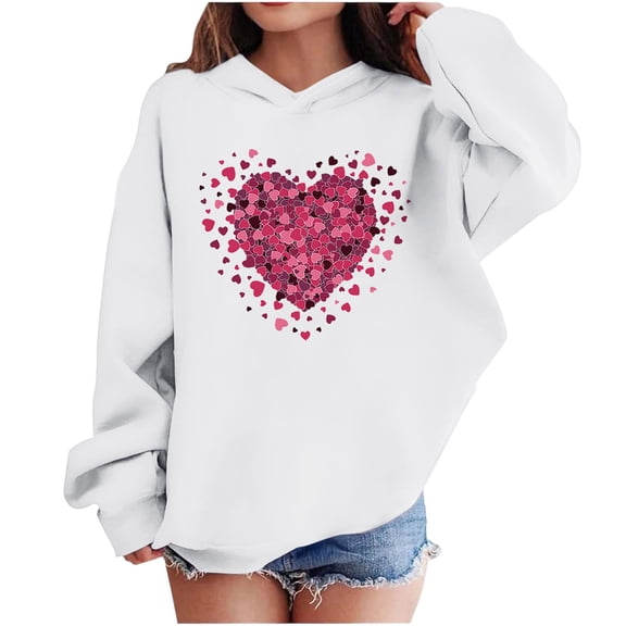 Valentine Hooded Sweatshirts For Kids Long Sleeve Print Pullover Tops Holiday Casual Loose Stylish Hoodies (11 Years, White-K)