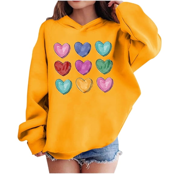 Valentine Hooded Sweatshirts For Kids Long Sleeve Print Pullover Tops Holiday Casual Loose Stylish Hoodies (11 Years, Yellow-A)