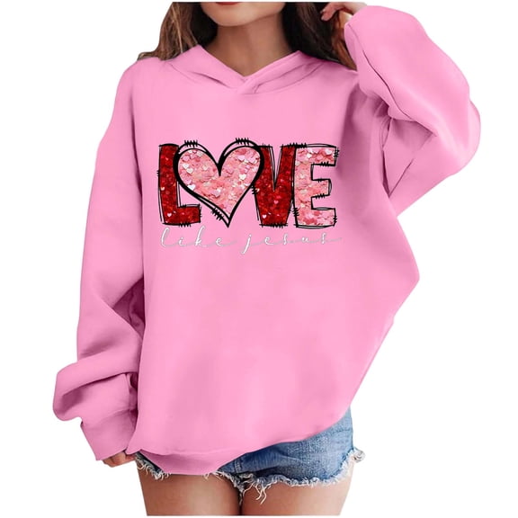 Valentine Hooded Sweatshirts For Kids Long Sleeve Print Pullover Tops Holiday Casual Loose Stylish Hoodies (13 Years, Pink-I)